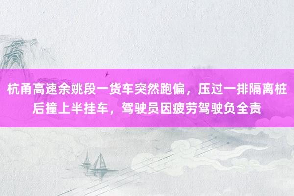 杭甬高速余姚段一货车突然跑偏，压过一排隔离桩后撞上半挂车，驾驶员因疲劳驾驶负全责