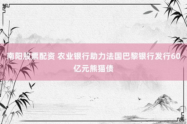 南阳股票配资 农业银行助力法国巴黎银行发行60亿元熊猫债